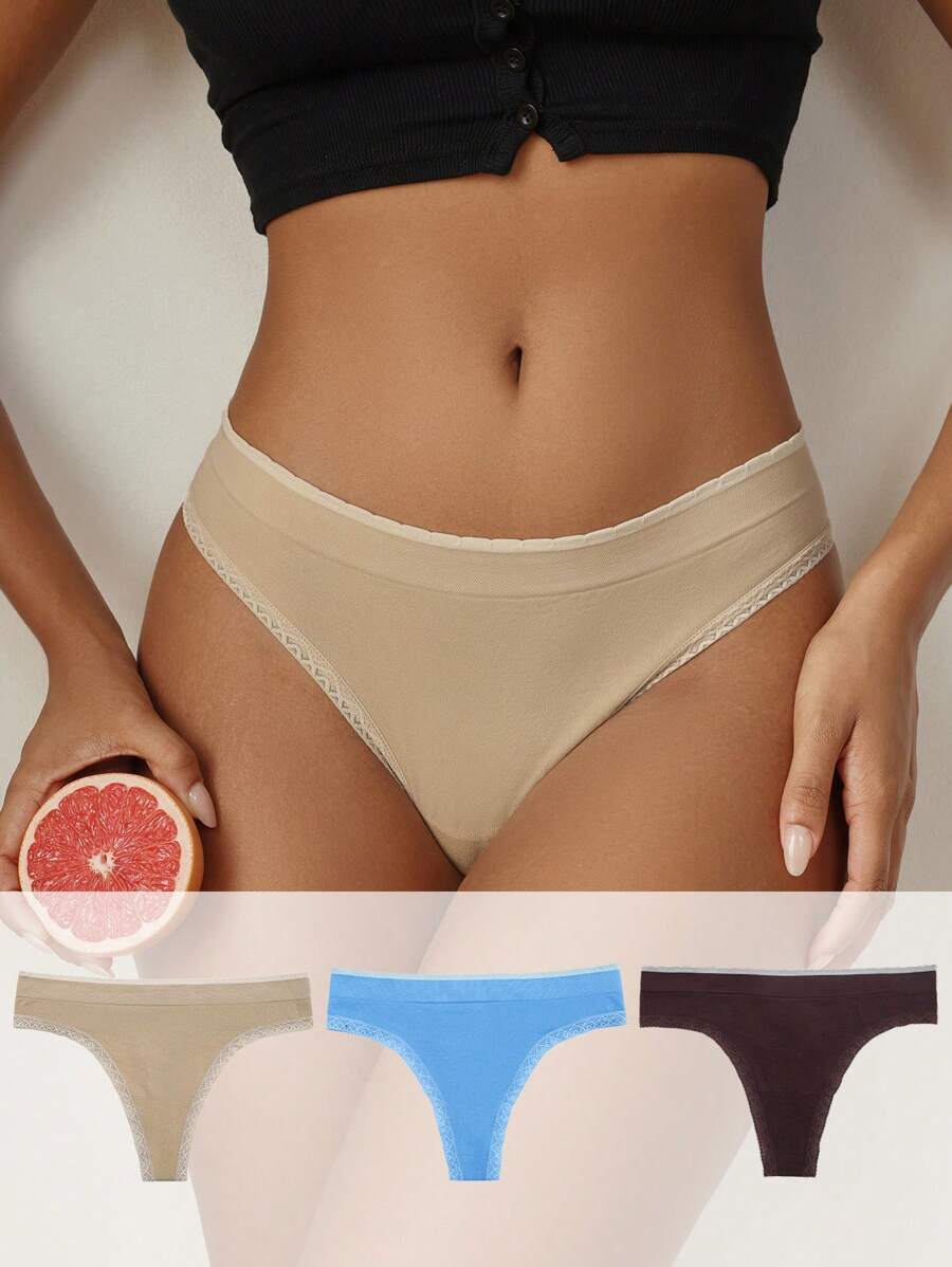 SHEIN 3pcs Solid Lace Trim Thong - Multicolor - View 1