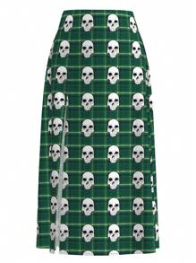 Tim Lord 女式格紋骷髏印花高開衩半身裙 - 綠色 - 查看 1