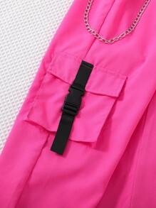 Sparklyn Pantalones Cargo Para Niñas Con Bolsillos De Solapa, Hebilla, Detalle De Cinta Y Cadena - Rosa Fucsia - Ver 4