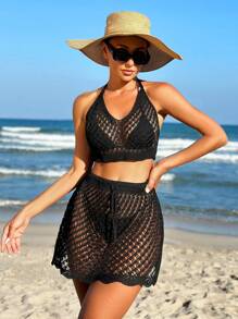 Black Halter Neck Hollow Fashion Cover Up - Black - View 3