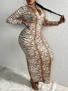 Slaydiva Deep V-neck Zipper Tiger Pattern Dress - Multicolor - View 5