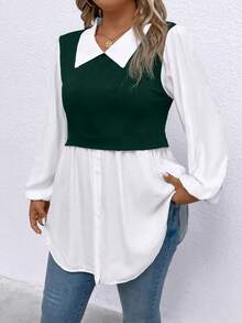 Calvaya Plus Size Women's Color Block Lantern Sleeve Patchwork Top - Green - View 6