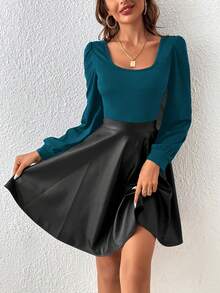 SHEIN Frenchy Của phụ nữ Khối màu Vòng cổ Tay áo dài Đầm - Màu xanh bạc hà - Xem 3