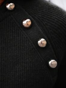 SHEIN Frenchy Button Detail Raglan Sleeve Sweater - Black - View 5