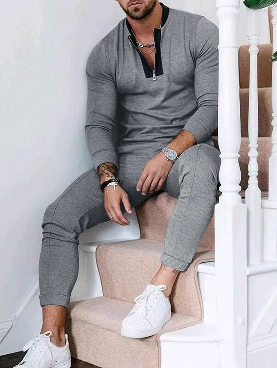 Manfinity Homme 男士大尺碼長袖長褲兩件套 - 深灰色 - 查看 1