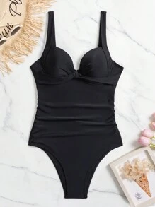 Anewsta 女式聚攏設計連身泳衣 - 黑色 - 查看 7