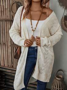 SHEIN LUNE 大尺碼純色空心開衫 - 杏色 - 查看 4