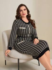 Modelyn Plus Size Women's Houndstooth Sweater Dress - Black and White - View 6