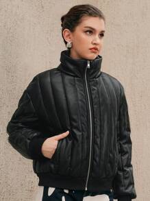 Anewsta Zip Up PU Leather Padded Coat - Black - View 6