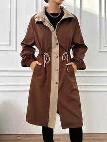 EURMUSE Chaqueta Con Cremallera Y Botonadura Sencilla En Contraste Para Mujer - Marrón - Ver 5