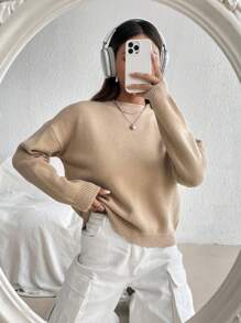 SHEIN Unity 女性寬鬆休閒基礎款毛衣 - 卡其色 - 查看 5