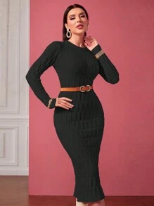 Modelyn Vestido De Suéter De Manga Larga Y Cuello Redondo Sólido Sin Cinturón - Negro - Ver 1