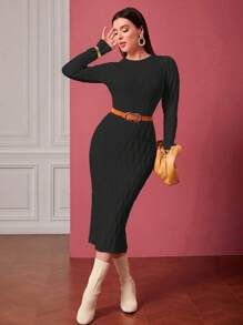 Modelyn Vestido De Suéter De Manga Larga Y Cuello Redondo Sólido Sin Cinturón - Negro - Ver 3