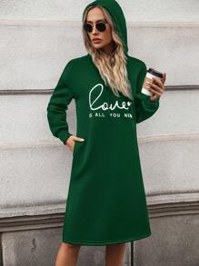 SHEIN LUNE Women's Hooded Long Sweatshirt Dress With Letter Pattern - Dark Green - View 6