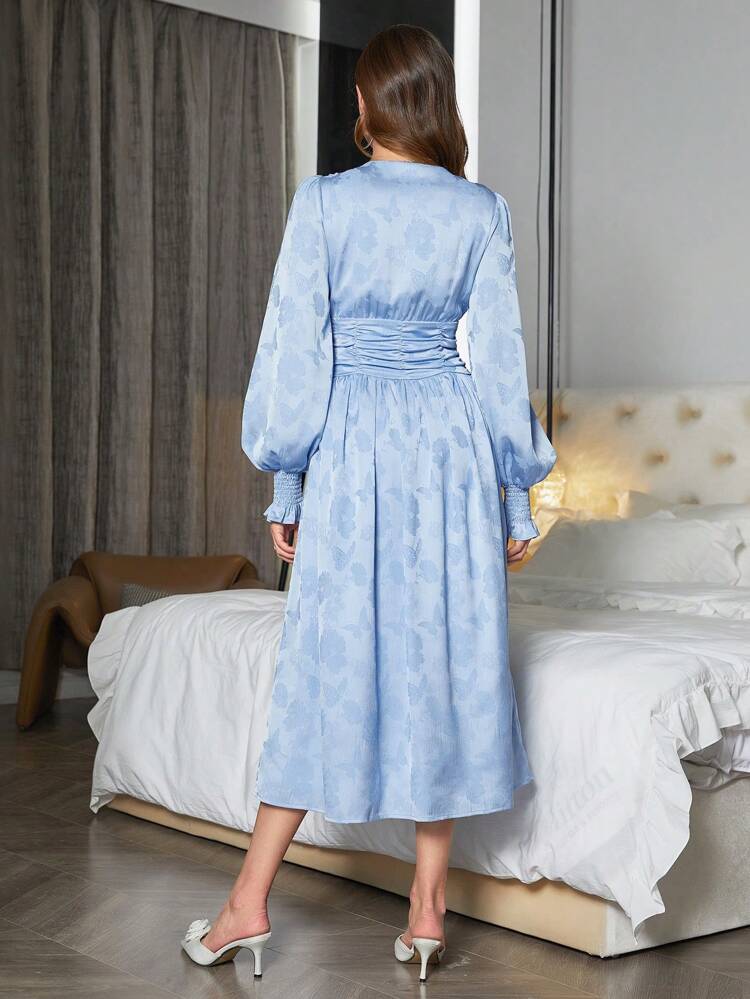 Ladies Lace Sleeves Pleated Waist Dress