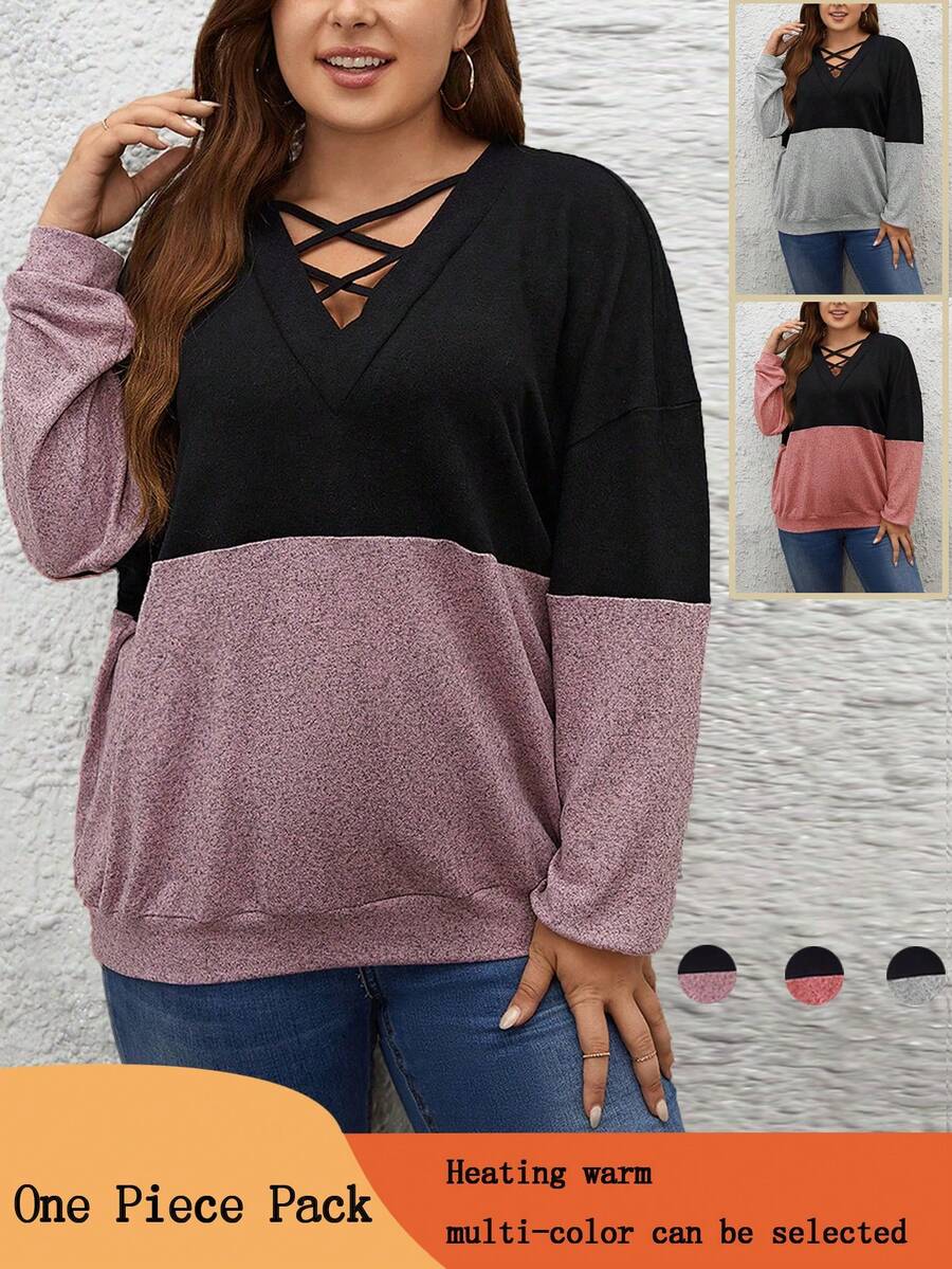 SHEIN LUNE 双色交叉前襟落肩卫衣，适合毕业季、返校季、毕业典礼、教师节等场合，女士返校套头衫，秋季卫衣 - 彩色 - 查看 1