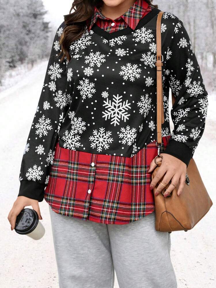 Plus Size 2 In 1 Shirt With Snowflake And Plaid Print