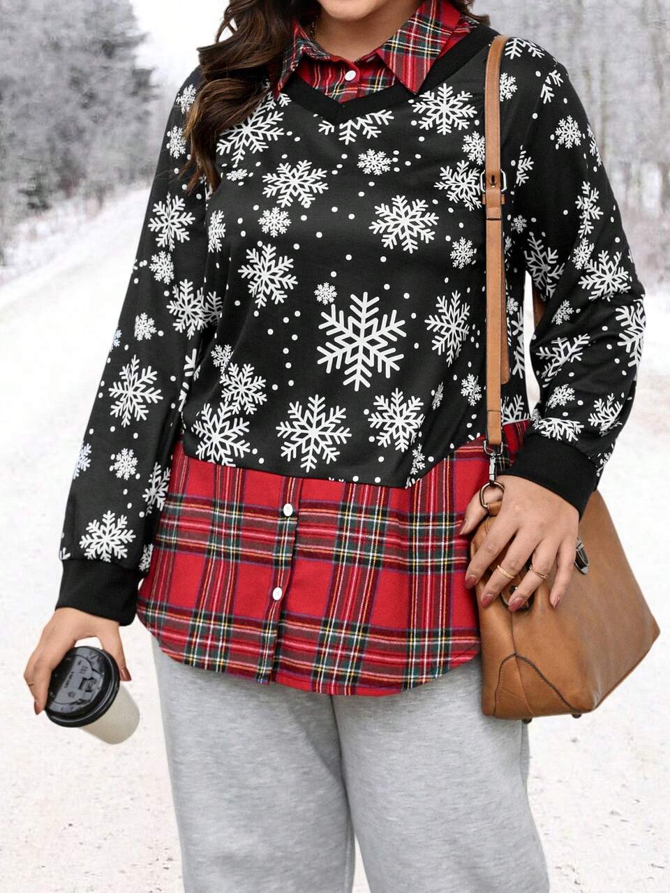 Plus Size 2 In 1 Shirt With Snowflake And Plaid Print