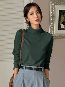 DAZY 女式純色高領t卹 - 墨綠色 - 查看 3