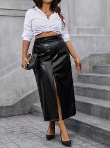 SHEIN Unity Plus Split Thigh PU Leather Skirt - Black - View 1