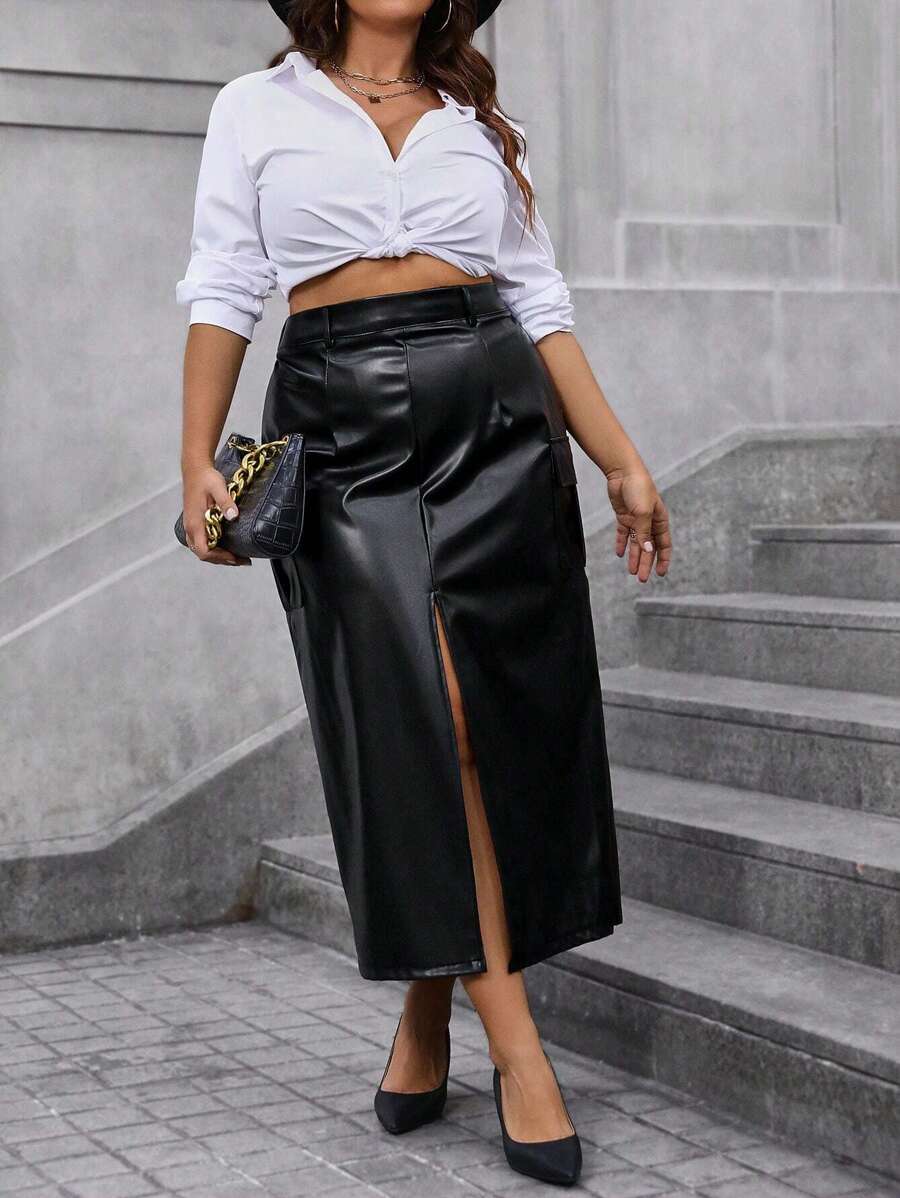 SHEIN Unity Plus Split Thigh PU Leather Skirt - Black - View 1