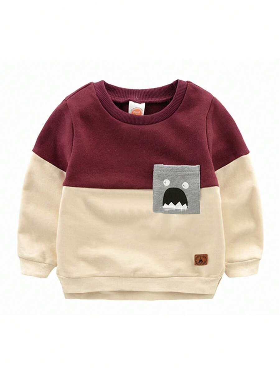 Sudadera Con Capucha Impresa Con Dibujos Animados Para Niñas Pequeñas De Color Contrastante Con Bolsillo De Parche - Burdeos - Ver 1