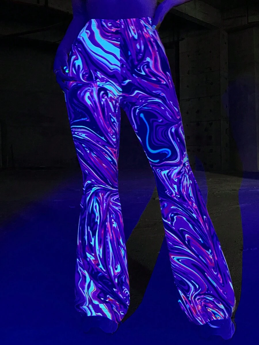 SHEIN Coolane Của phụ nữ Cao eo Quần loe Với In Đá cẩm thạch Và Dải phản quang - Nhiều màu - Xem 1