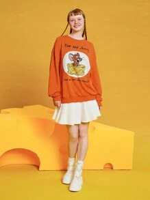 TOM & JERRY X SHEIN 男女通用1件卡通印花衛衣 - 橘色 - 查看 5