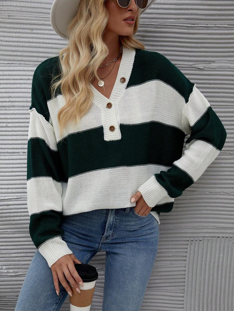 Women's Two-Tone Striped Drop Shoulder Half-Button Cardigan Knit Pullover Fall Winter Sweater