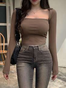 DAZY Solid Square Neck Crop Ribbed Tee,Fall Women Clothes