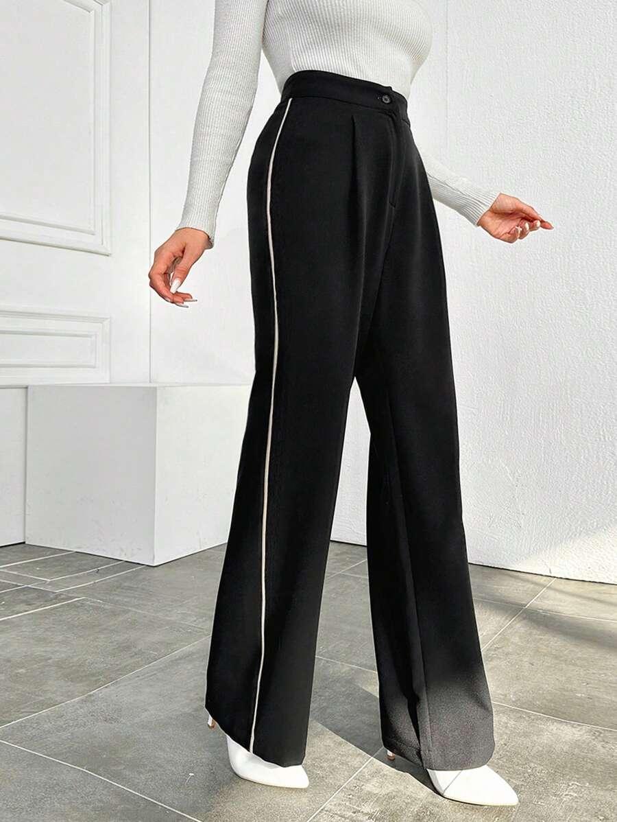 EURMUSE Contrast Piping Wide Leg Pants - Black and White - View 1
