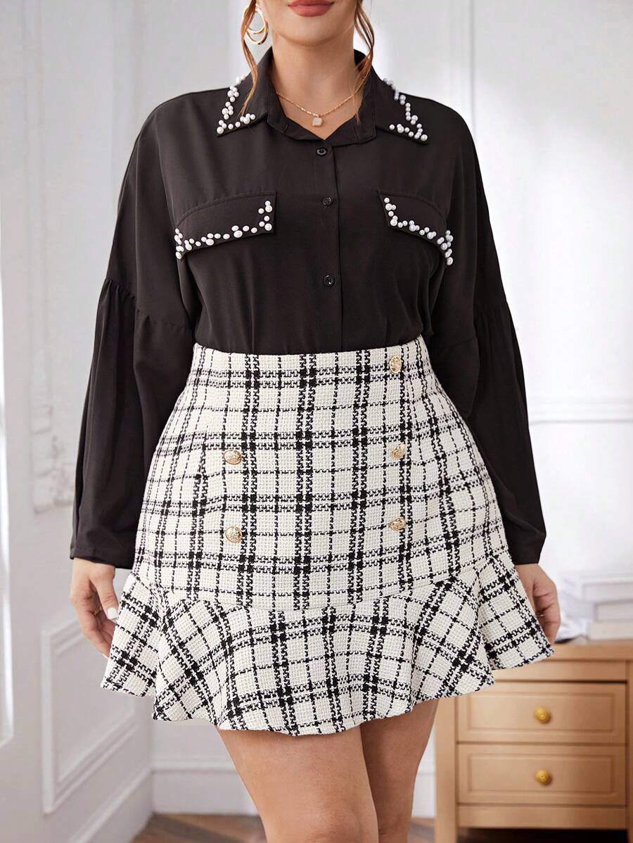 SHEIN Privé Plus Size Casual Elegant Plaid Ruffled Tweed Skirt - Black and White - View 1
