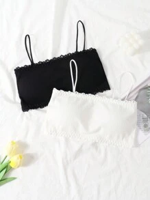 2 Piezas/set Bralette De Top De Tanque Acanalado Para Chicas Adolescentes - Blanco y Negro - Ver 1