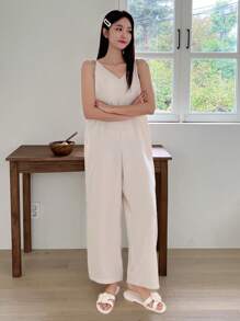 DAZY Chất rắn Túi nghiêng Bộ đồ ngủ Cami - Màu be - Xem 8