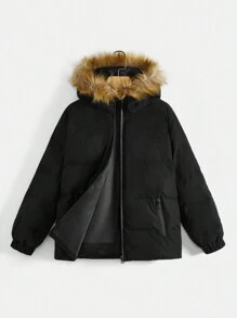 SHEIN Tween Boy Fuzzy Trim Hooded Padded Coat - Black - View 1