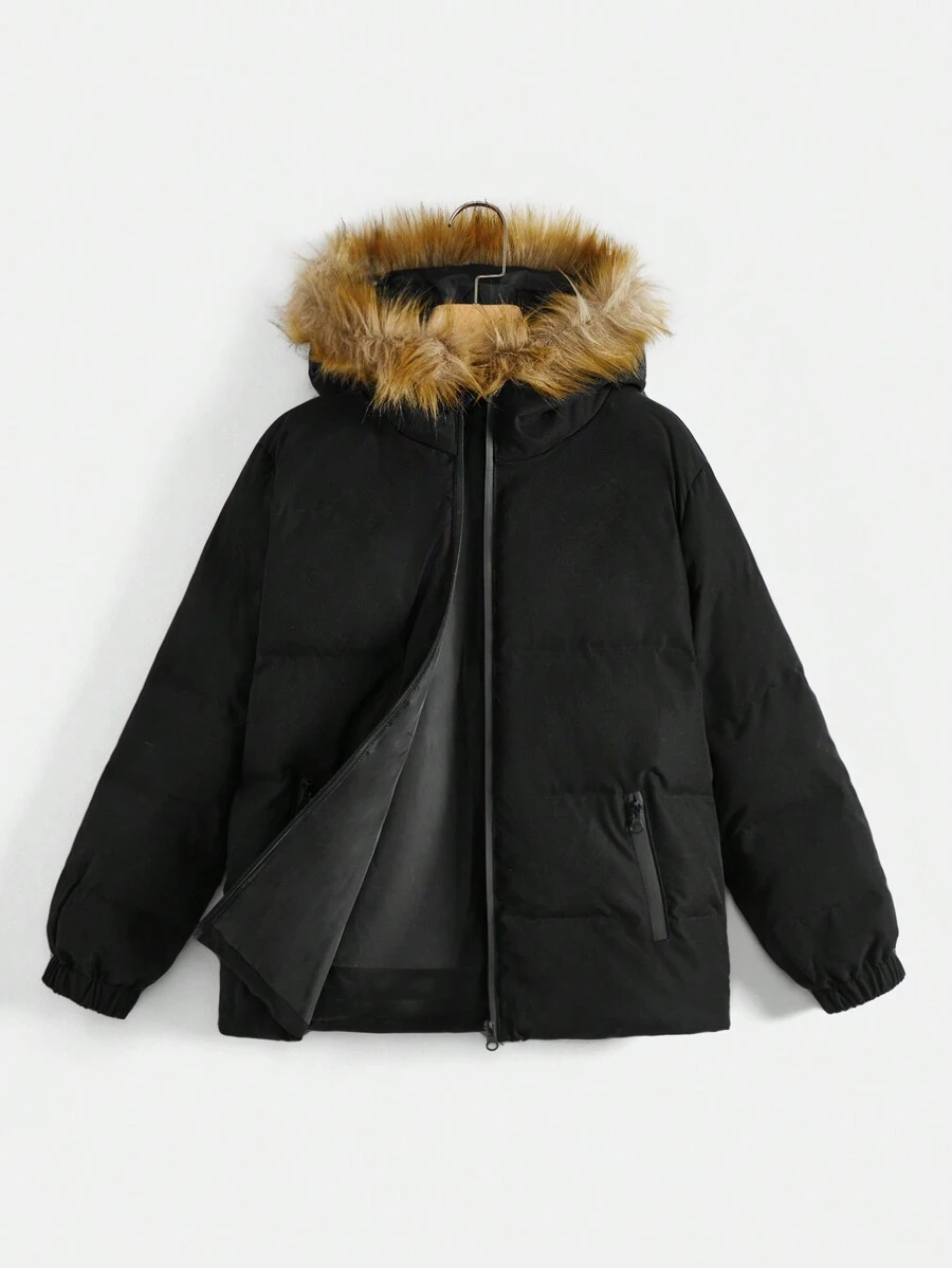 SHEIN Tween Boy Fuzzy Trim Hooded Padded Coat - Black - View 1