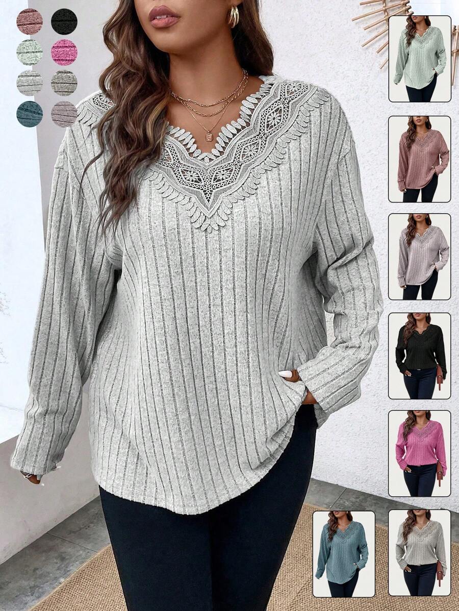 Calvaya 大尺碼女士肋紋蕾絲拼接t恤 - 灰色 - 查看 1