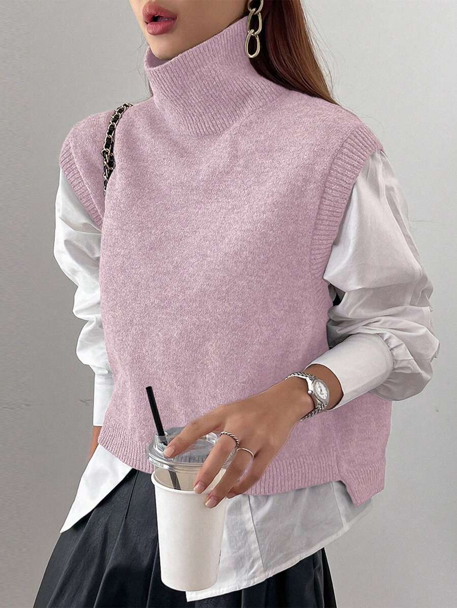 Dazy Star Women's Solid Color High-Neck Knitted Vest Fall,Winter - Baby Pink - View 1