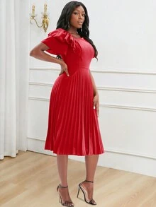 Women's Elegant Ruffle Sleeve Pleated Christmas Dress, Summer - Red - View 4