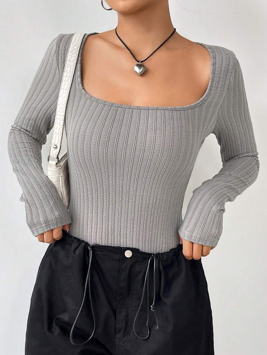 SHEIN Unity Women's Square Neck Bodysuit - Dark Grey - View 1