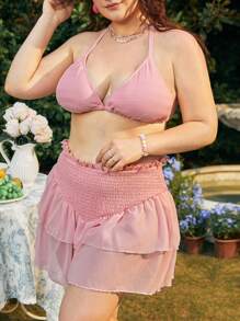 Swim Mod Conjunto de bikini estilo halter triangular smocked para tallas grandes, de verano - Rosa - Ver 5