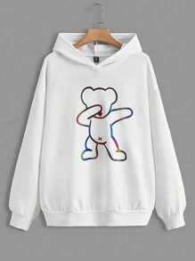 SHEIN EZwear Plus Reflective Bear Print Drop Shoulder Hoodie - White - View 3