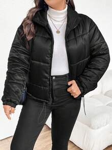 SHEIN Frenchy Plus Size Solid Color Padded Coat With Drawstring Hem - Black - View 4