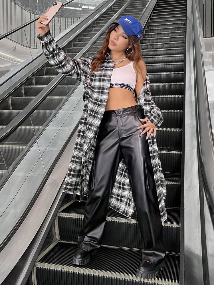 Women's Long Plaid Coat With Letter Printed, Autumn And Winter