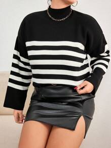 SHEIN Cottnline Plus Pull À Rayures Épaule tombante - Noir et Blanc - Voir 6