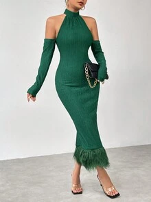 Allurite 露背荷葉邊緣修身連衣裙 - 墨綠色 - 查看 6