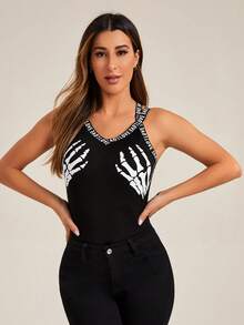 SHEIN Unity 骷髅手印字母吊带吊带背心图案 T 恤女式上衣 - 黑色 - 查看 4