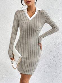 SHEIN Essnce Của phụ nữ Khối màu Vòng cổ Đóng gói Hông Váy bodycon - Màu be - Xem 1