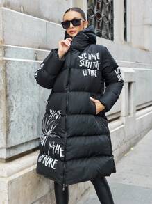 EURMUSE Veste matelassée mi-longue avec imprimé lettre et floral pour femmes grande taille, pour l'hiver - Noir - Voir 3