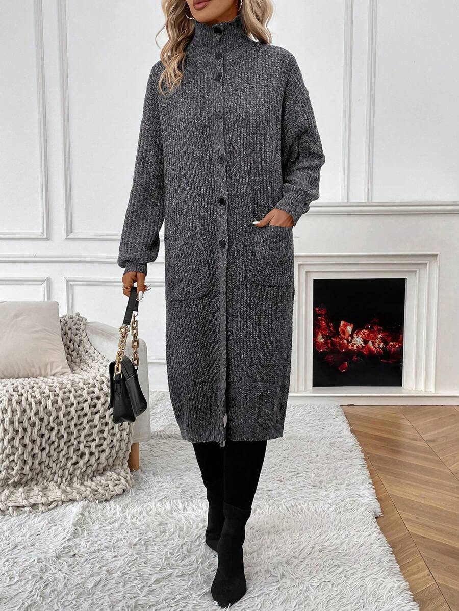SHEIN Essnce 雙口袋下垂肩扣釦針織外套 - 灰色 - 查看 1